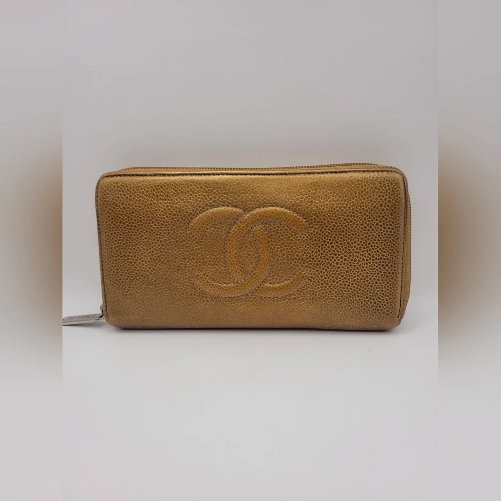 Chanel Bronze Caviar Leather Zip Around Wallet / Clutch